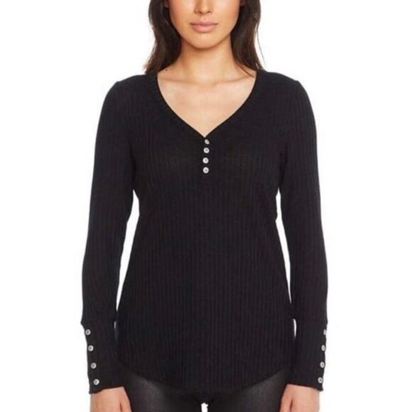 Chaser Tops - Chaser Black Ribbed Henley Long Sleeve Top V-Neck Women’s Size Small